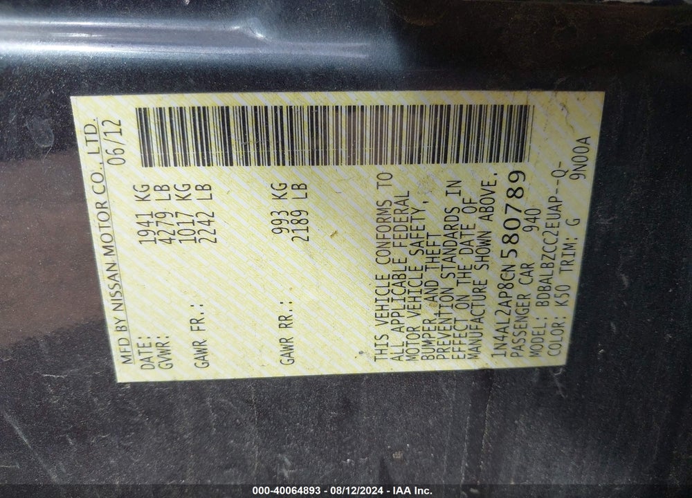 2012 NISSAN ALTIMA VIN: 1N4AL2AP8CN580789