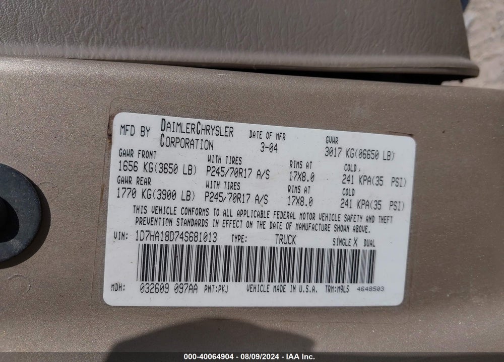 2004 DODGE RAM 1500 SLT/LARAMIE VIN: 1D7HA18D74S681013
