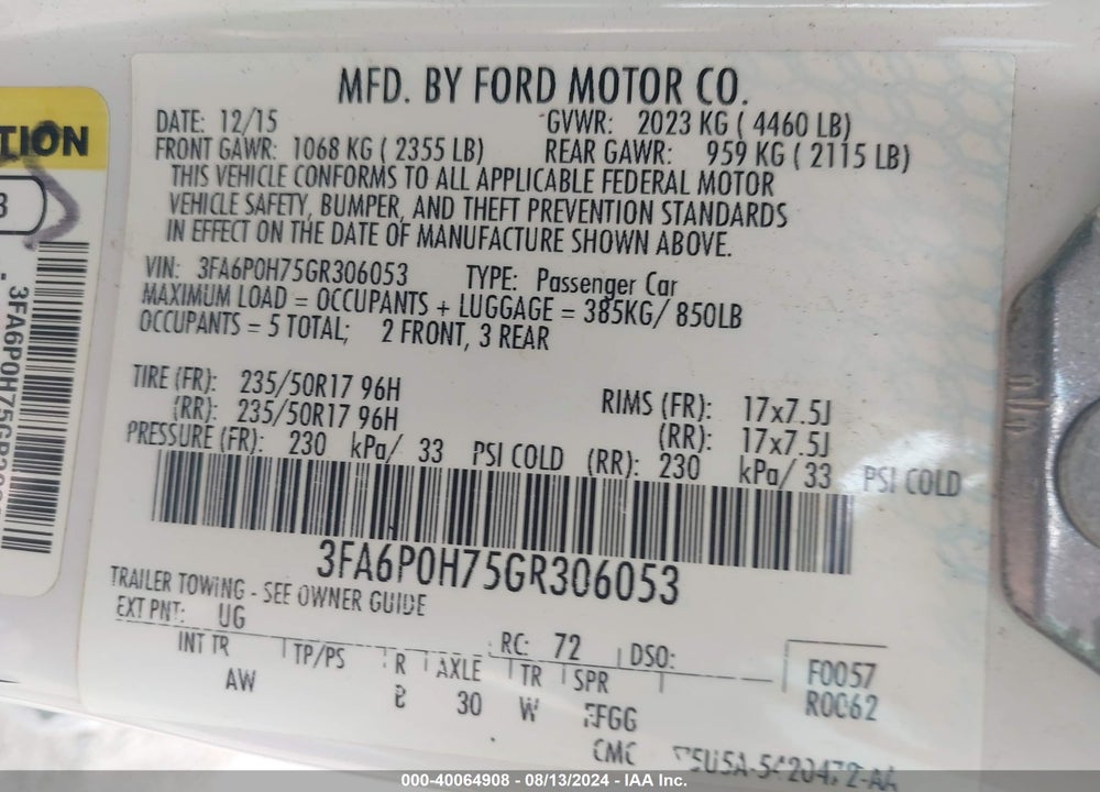 2016 FORD FUSION SE VIN: 3FA6P0H75GR306053