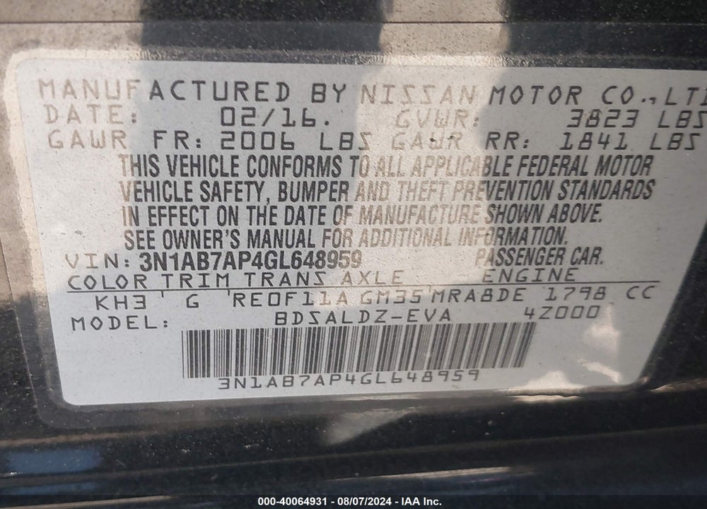 2016 NISSAN SENTRA FE+ S/S/SL/SR/SV VIN: 3N1AB7AP4GL648959