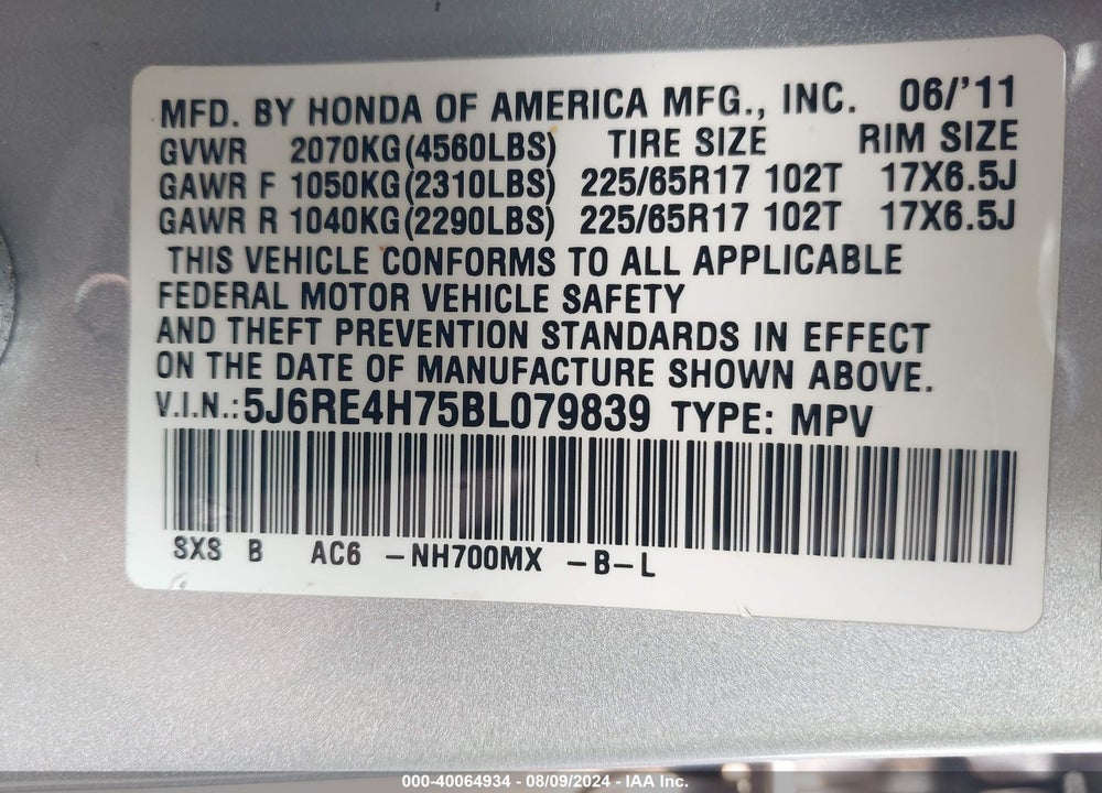 2011 HONDA CR-V EX-L VIN: 5J6RE4H75BL079839