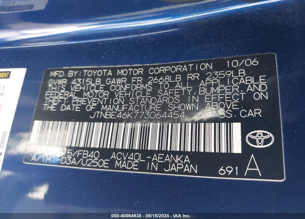 2007 TOYOTA CAMRY LE VIN: JTNBE46K773064454