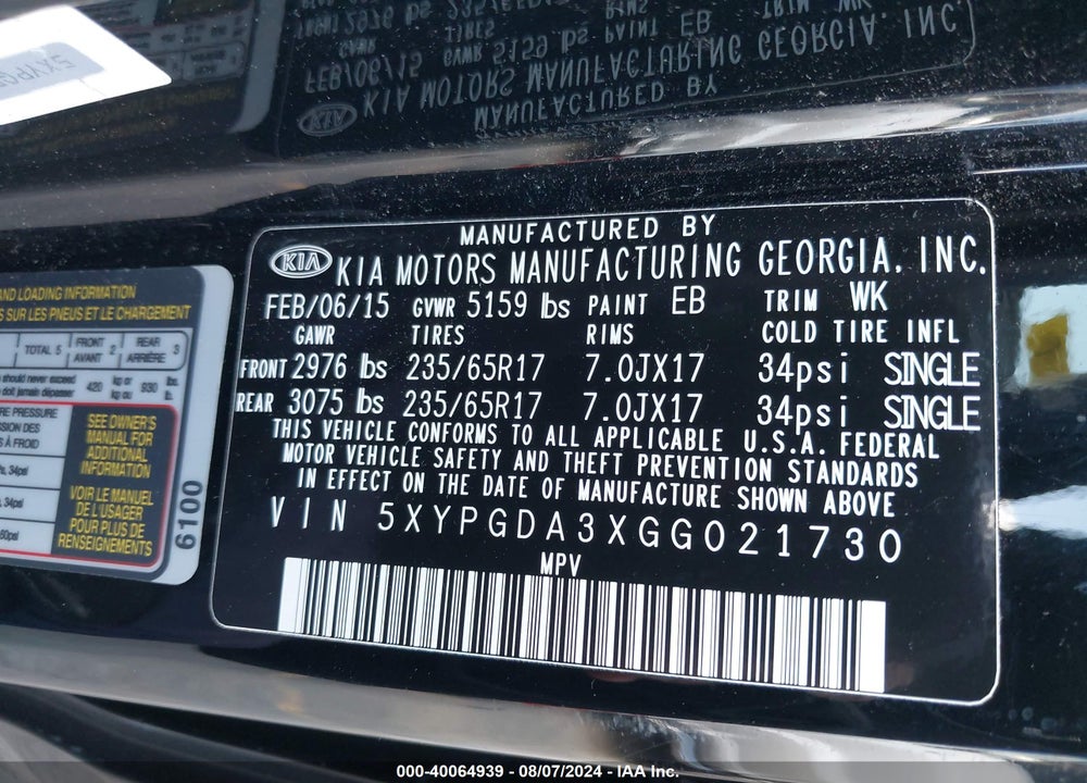2016 KIA SORENTO 2.4L LX VIN: 5XYPGDA3XGG021730