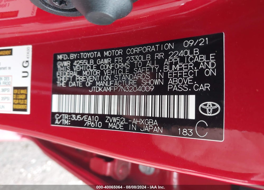 2022 TOYOTA PRIUS PRIME LIMITED VIN: JTDKAMFP7N3204009