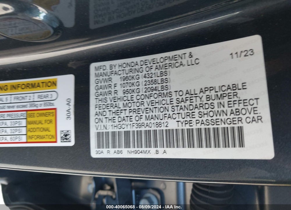 2024 HONDA ACCORD EX VIN: 1HGCY1F39RA018812
