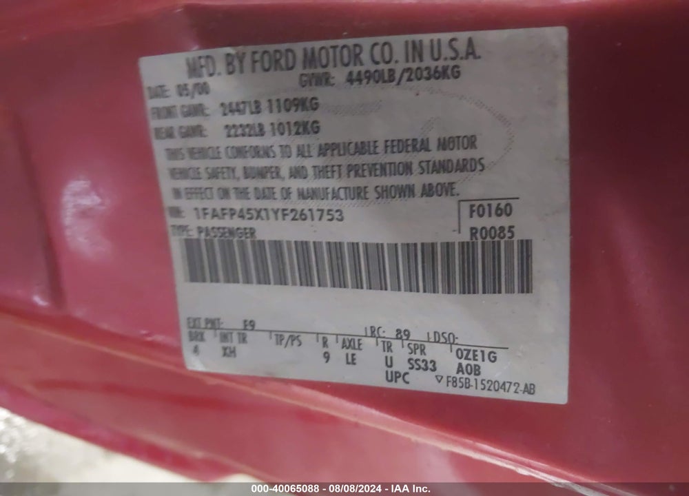 2000 FORD MUSTANG GT VIN: 1FAFP45X1YF261753