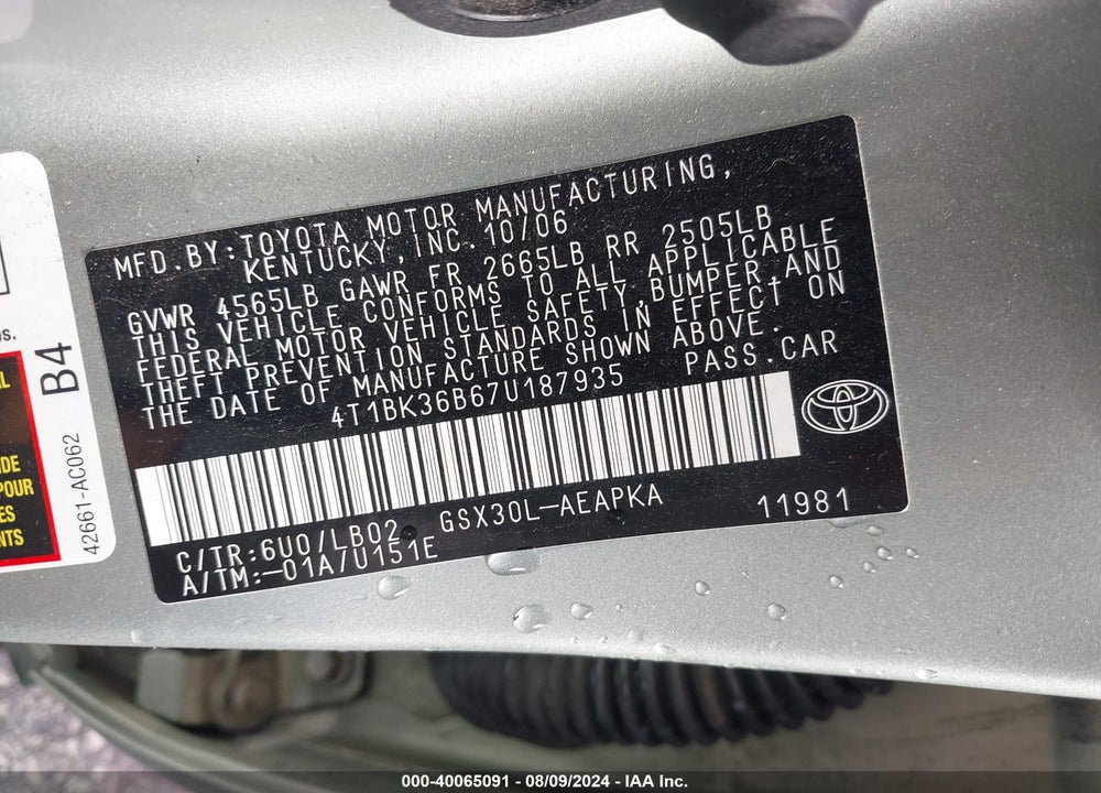 2007 TOYOTA AVALON LIMITED VIN: 4T1BK36B67U187935