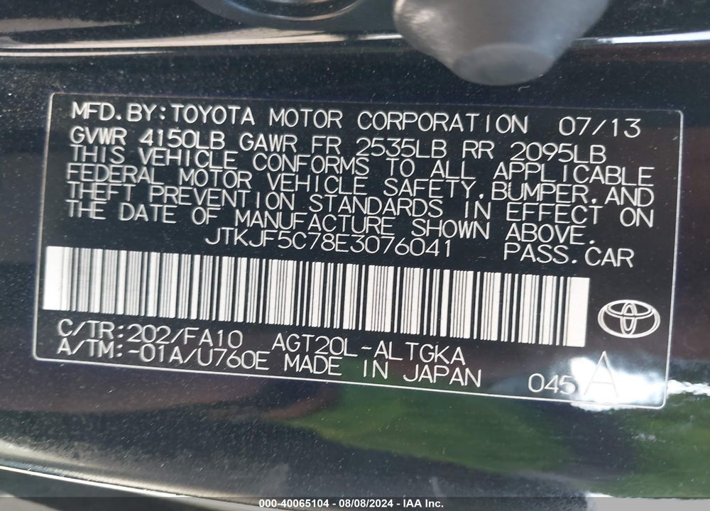 2014 SCION TC VIN: JTKJF5C78E3076041
