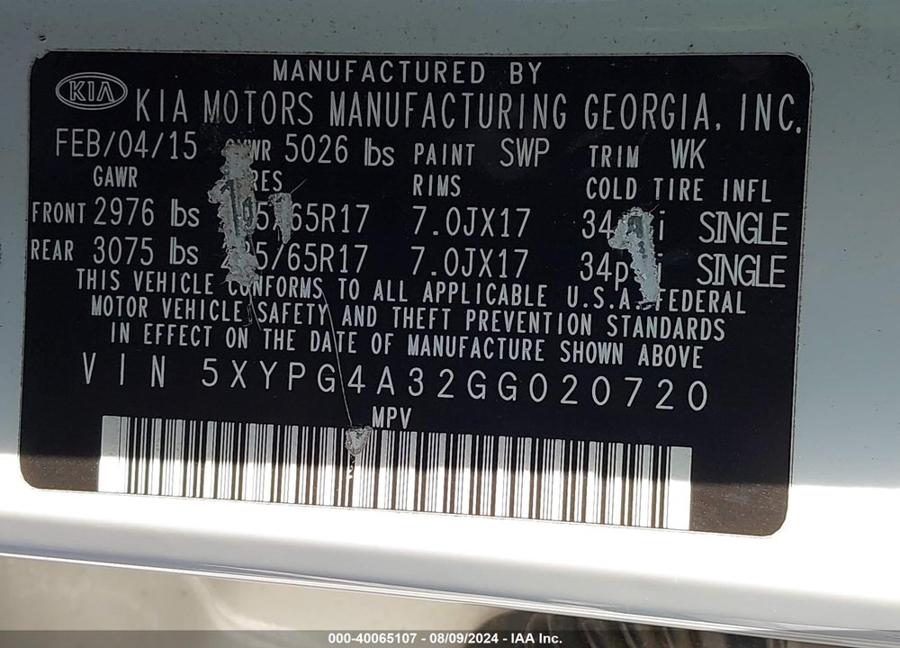 2016 KIA SORENTO 2.4L LX VIN: 5XYPG4A32GG020720