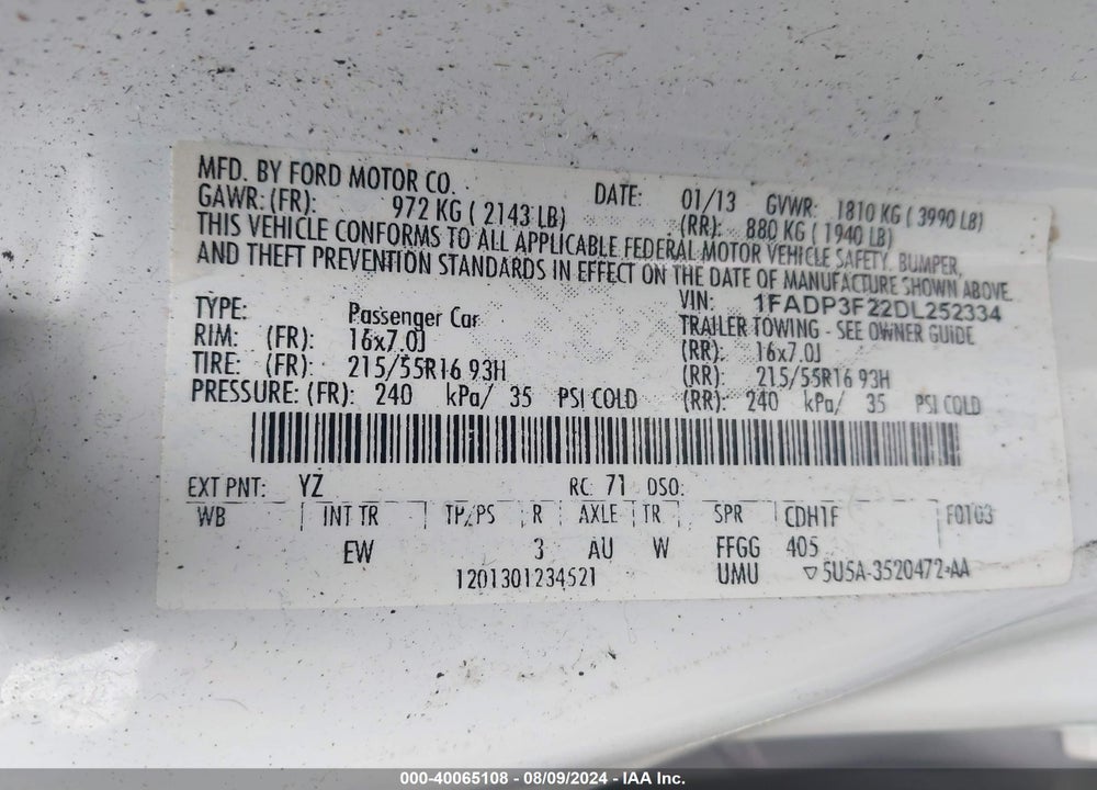 2013 FORD FOCUS SE VIN: 1FADP3F22DL252334
