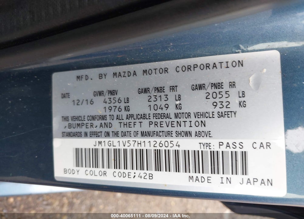 2017 MAZDA 6 TOURING VIN: JM1GL1V57H1126054