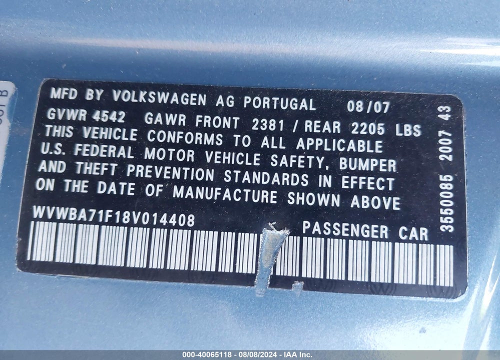 2008 VOLKSWAGEN EOS KOMFORT/TURBO VIN: WVWBA71F18V014408
