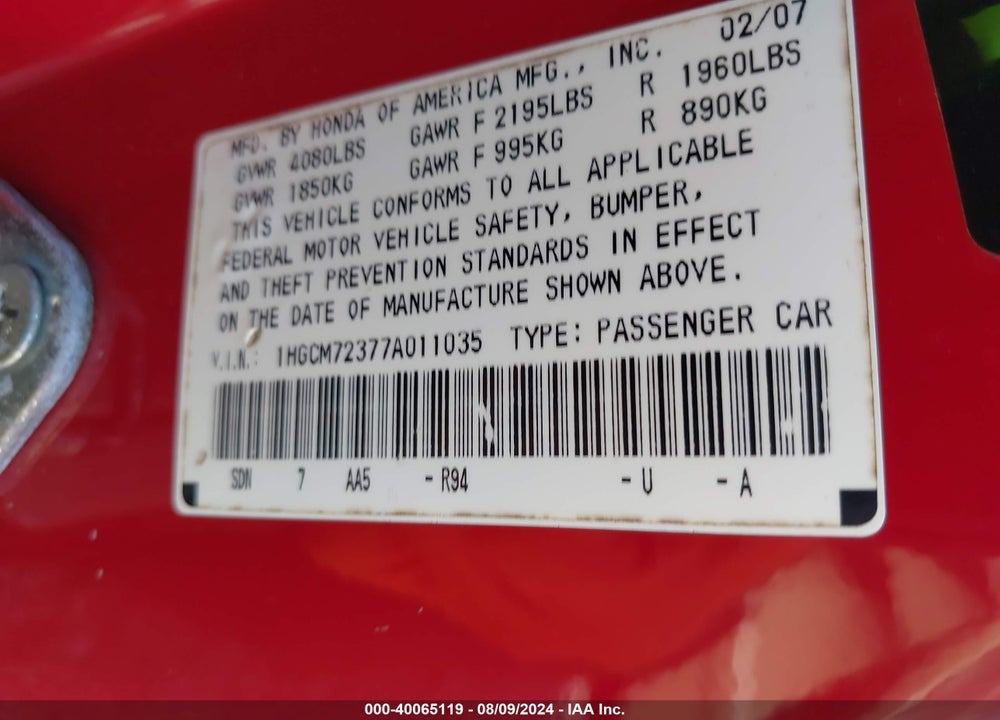 2007 HONDA ACCORD 2.4 LX VIN: 1HGCM72377A011035