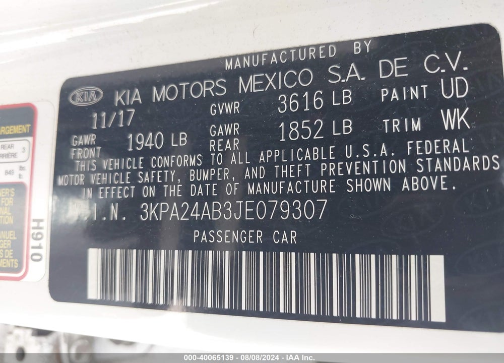 2018 KIA RIO VIN: 3KPA24AB3JE079307