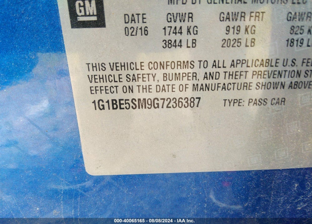 2016 CHEVROLET CRUZE LT AUTO VIN: 1G1BE5SM9G7236387