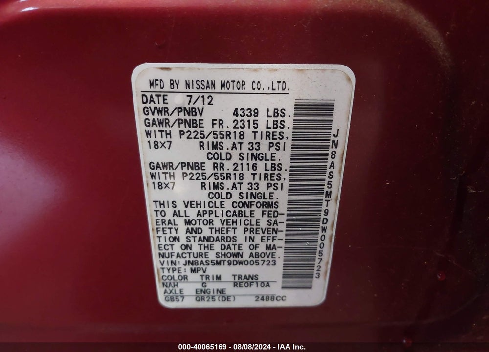 2013 NISSAN ROGUE VIN: JN8AS5MT9DW005723