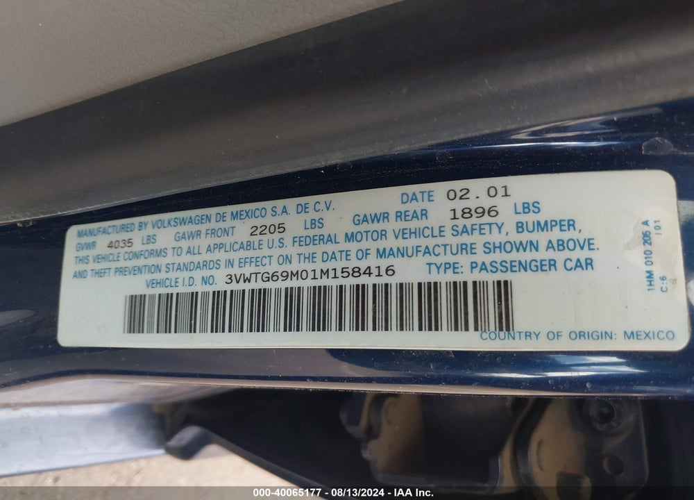 2001 VOLKSWAGEN JETTA GLX VIN: 3VWTG69M01M158416