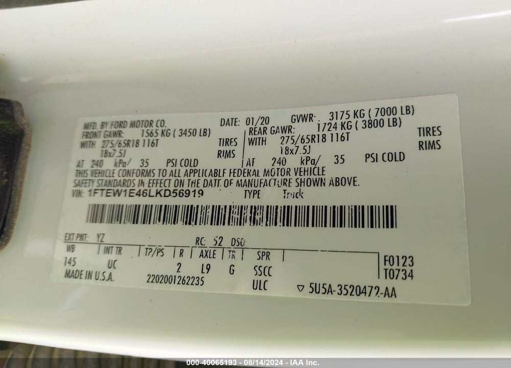2020 FORD F-150 XLT VIN: 1FTEW1E46LKD56919