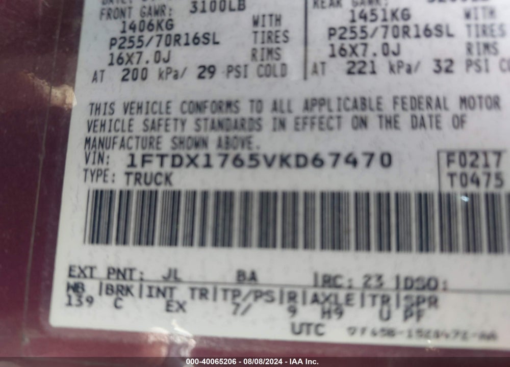 1997 FORD F-150 VIN: 1FTDX1765VKD67470