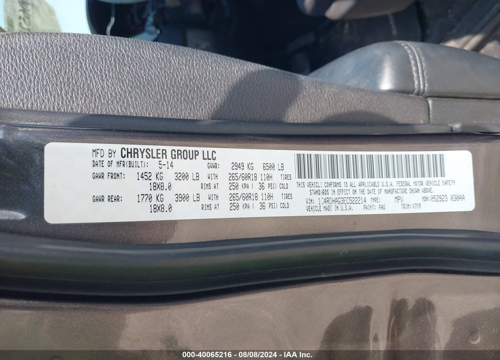 2014 DODGE DURANGO SXT VIN: 1C4RDHAG3EC522214