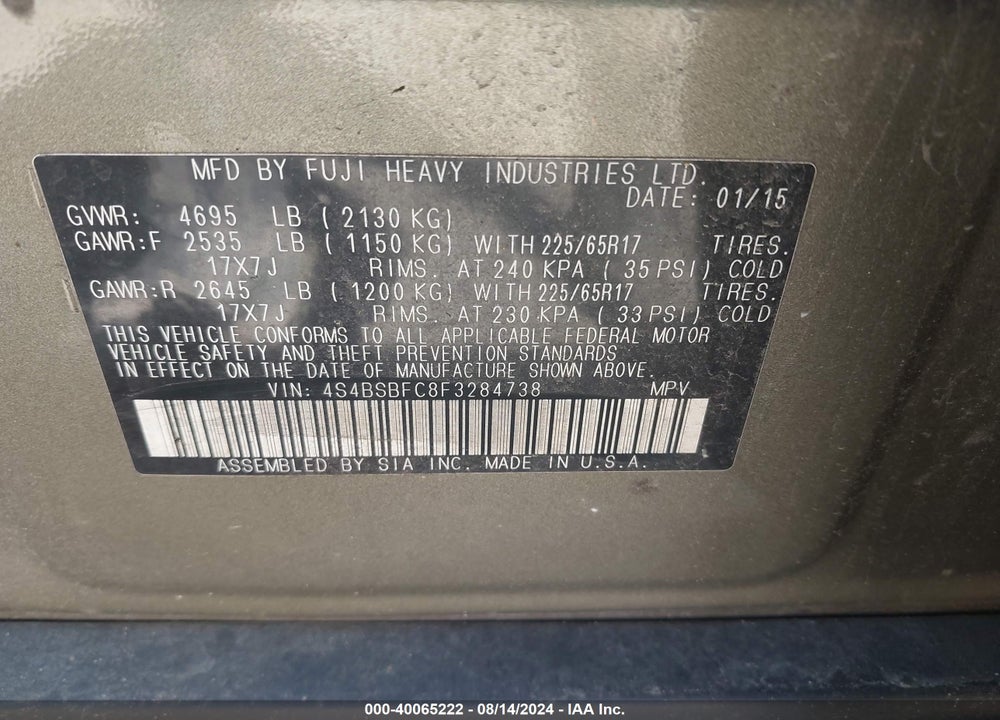 2015 SUBARU OUTBACK 2.5I PREMIUM VIN: 4S4BSBFC8F3284738