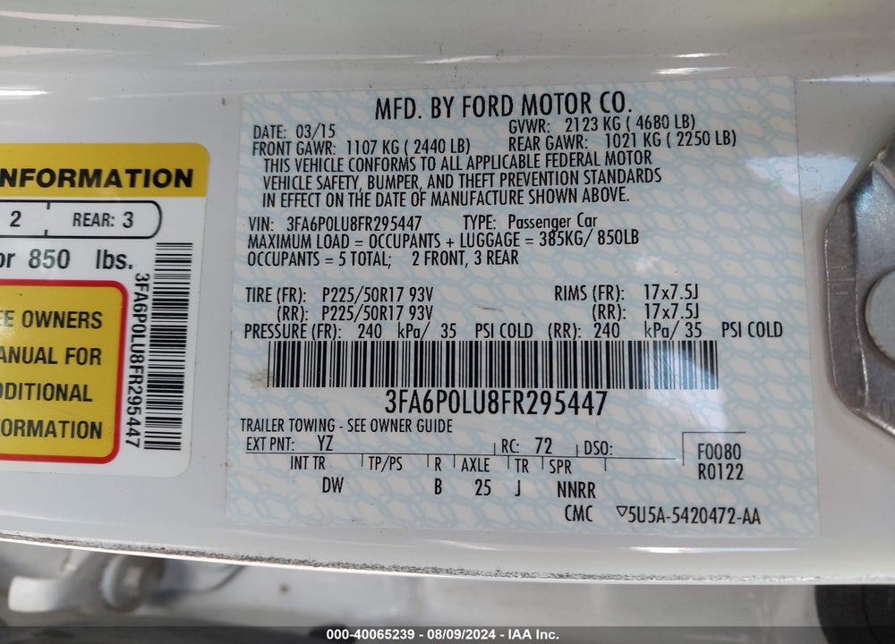 2015 FORD FUSION HYBRID SE VIN: 3FA6P0LU8FR295447