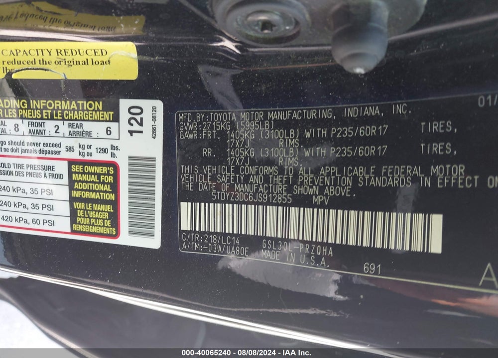 2018 TOYOTA SIENNA XLE 8 PASSENGER VIN: 5TDYZ3DC6JS912855