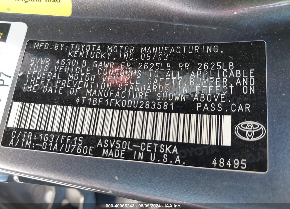 2013 TOYOTA CAMRY SE VIN: 4T1BF1FK0DU283581