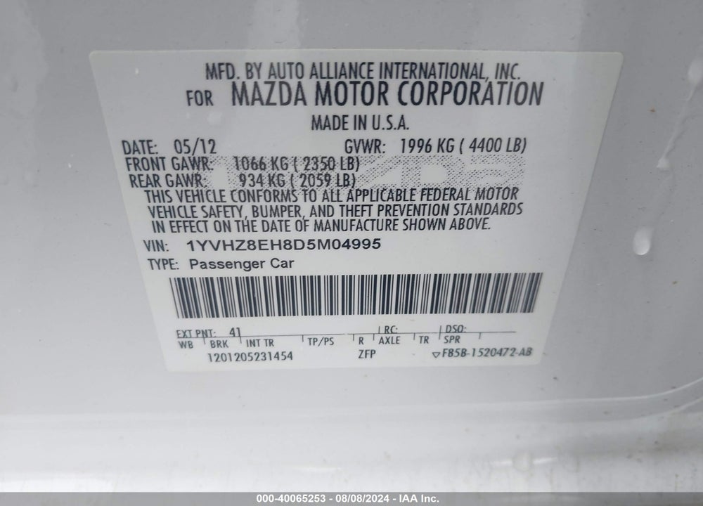 2013 MAZDA 6 I TOURING PLUS VIN: 1YVHZ8EH8D5M04995