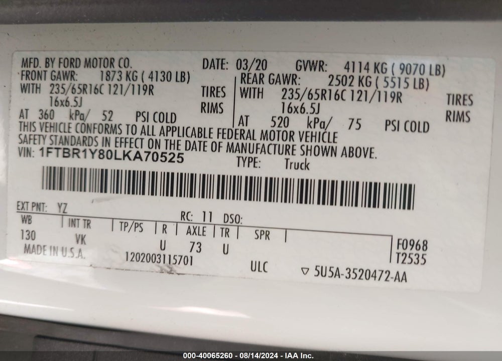 2020 FORD TRANSIT-250 VIN: 1FTBR1Y80LKA70525