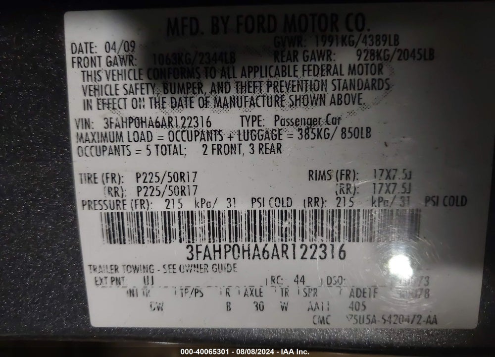 2010 FORD FUSION SE VIN: 3FAHP0HA6AR122316