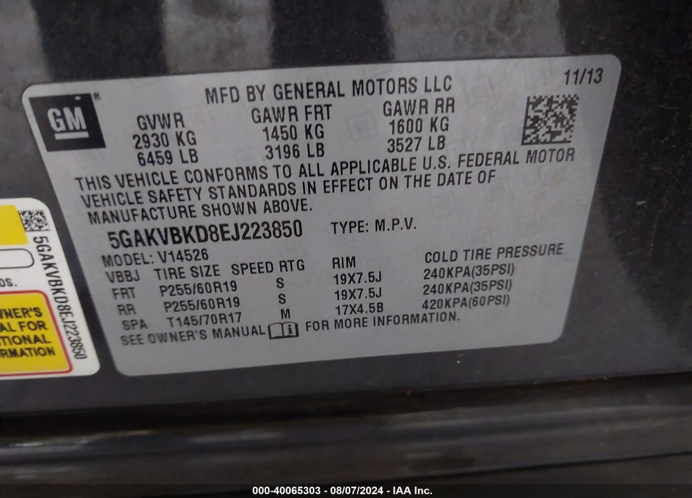 2014 BUICK ENCLAVE LEATHER VIN: 5GAKVBKD8EJ223850