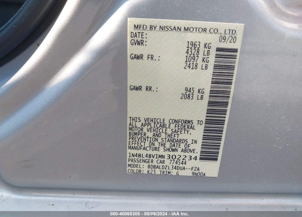2021 NISSAN ALTIMA S FWD VIN: 1N4BL4BV1MN302234