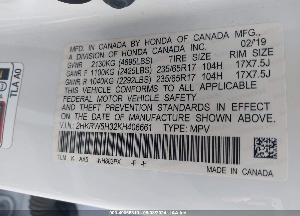 2019 HONDA CR-V LX VIN: 2HKRW5H32KH406661