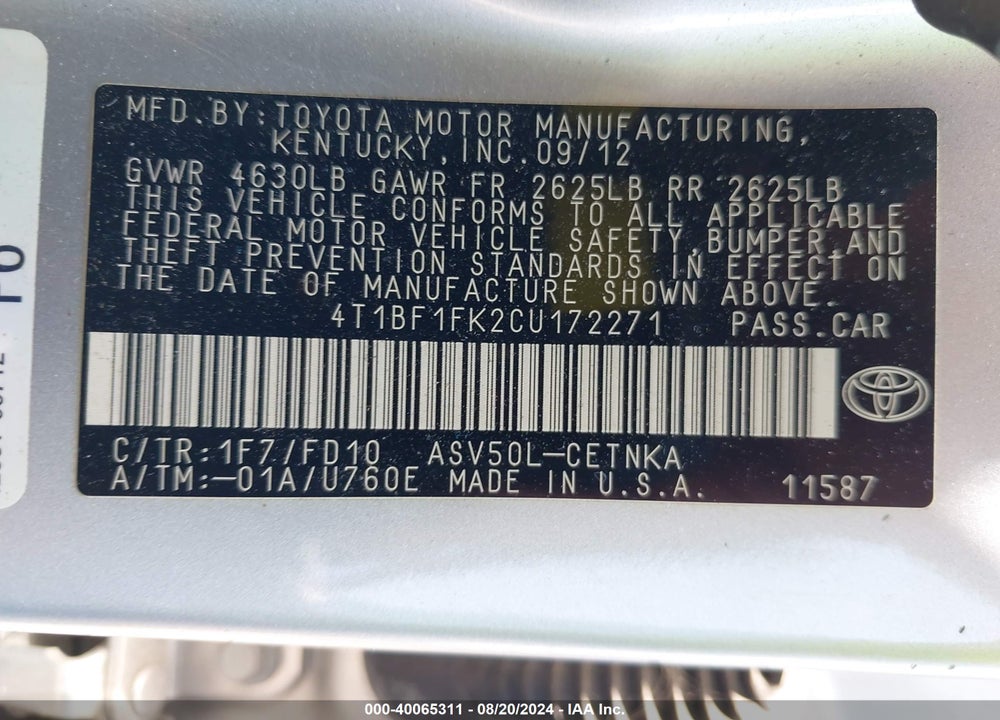 2012 TOYOTA CAMRY LE VIN: 4T1BF1FK2CU172271
