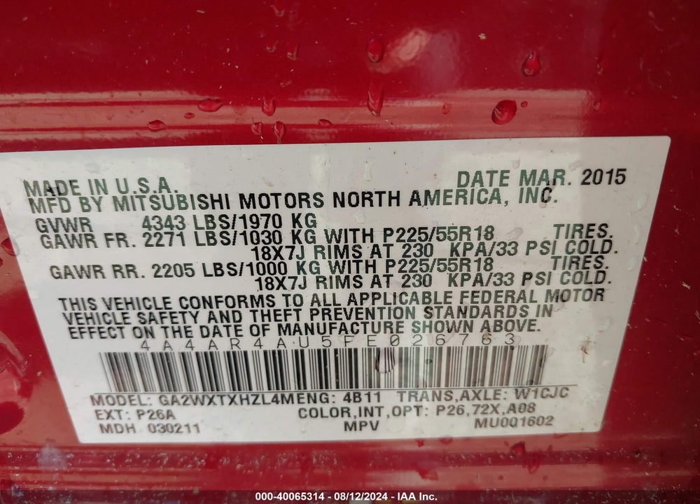 2015 MITSUBISHI OUTLANDER SPORT SE VIN: 4A4AR4AU5FE026763