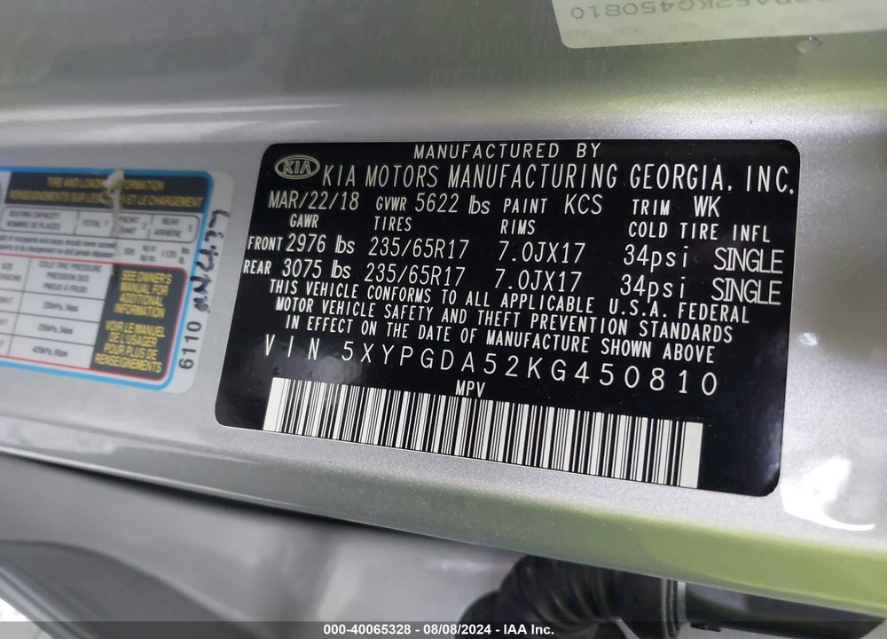 2019 KIA SORENTO 3.3L LX VIN: 5XYPGDA52KG450810