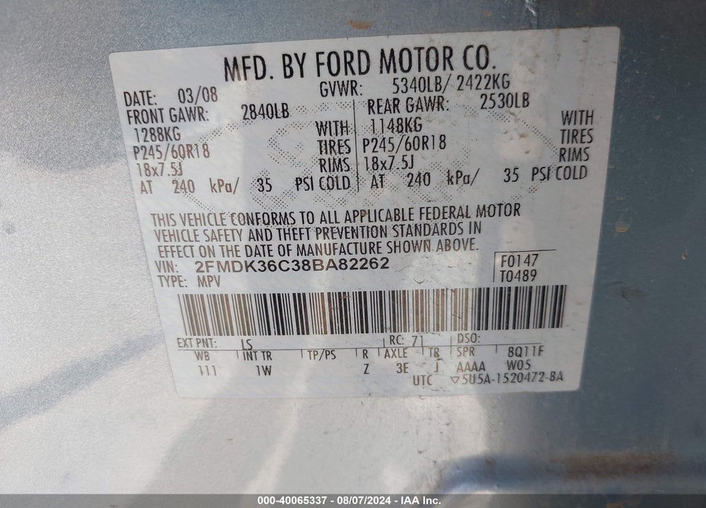 2008 FORD EDGE SE VIN: 2FMDK36C38BA82262
