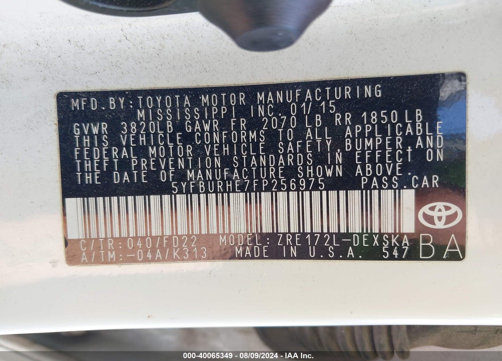 2015 TOYOTA COROLLA S PLUS VIN: 5YFBURHE7FP256975