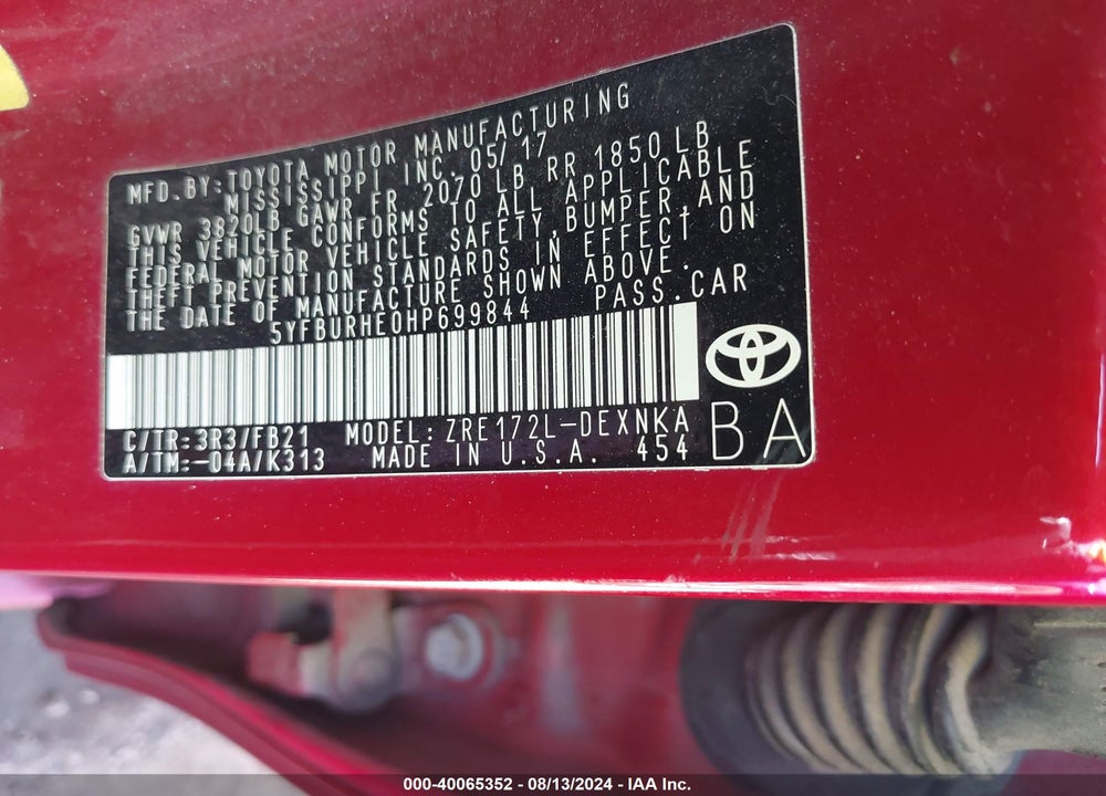 2017 TOYOTA COROLLA LE VIN: 5YFBURHE0HP699844