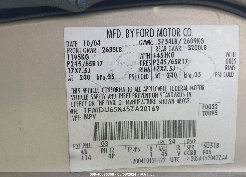 2005 FORD EXPLORER LIMITED VIN: 1FMDU65K45ZA20169