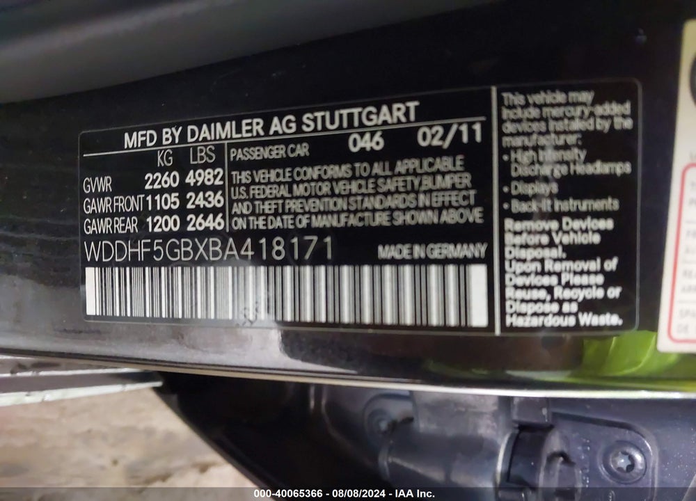 2011 MERCEDES-BENZ E 350 VIN: WDDHF5GBXBA418171