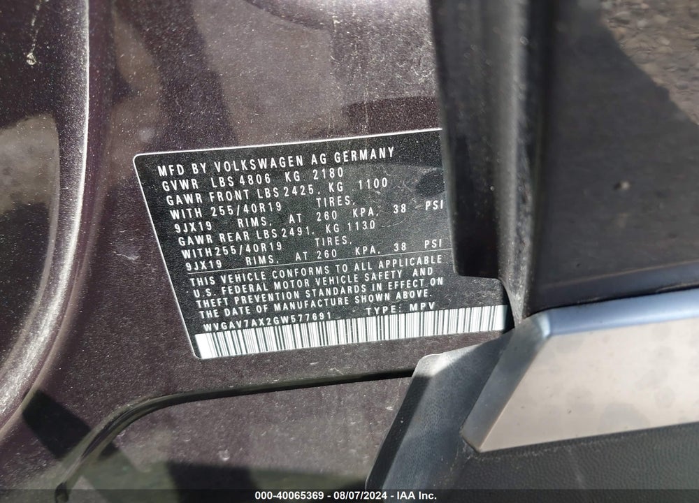 2016 VOLKSWAGEN TIGUAN SEL VIN: WVGAV7AX2GW577691