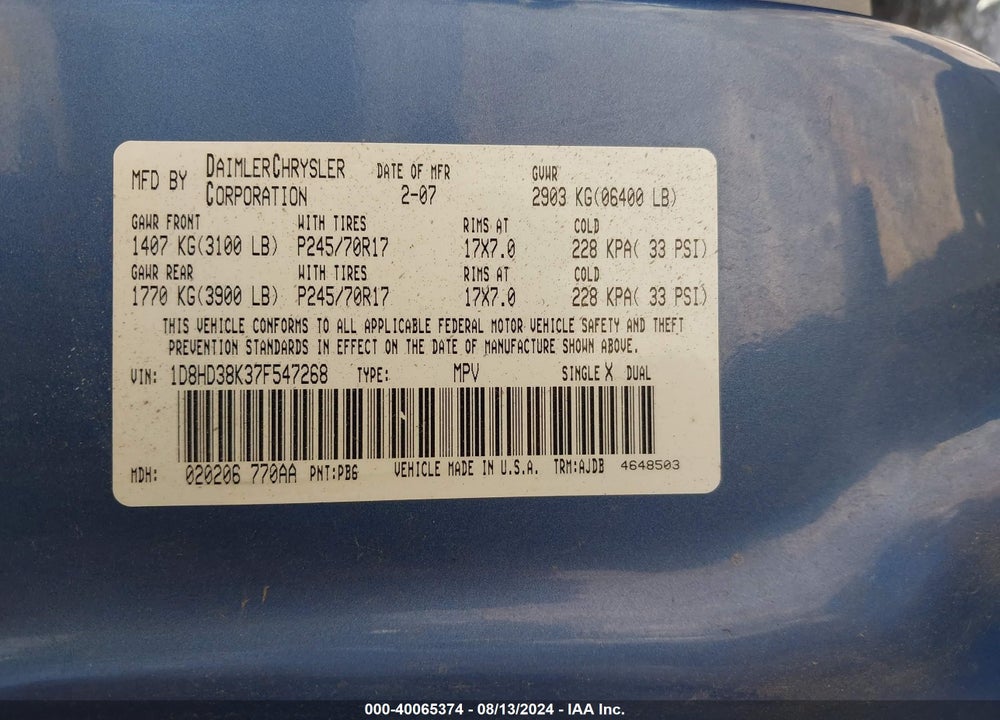 2007 DODGE DURANGO SXT VIN: 1D8HD38K37F547268