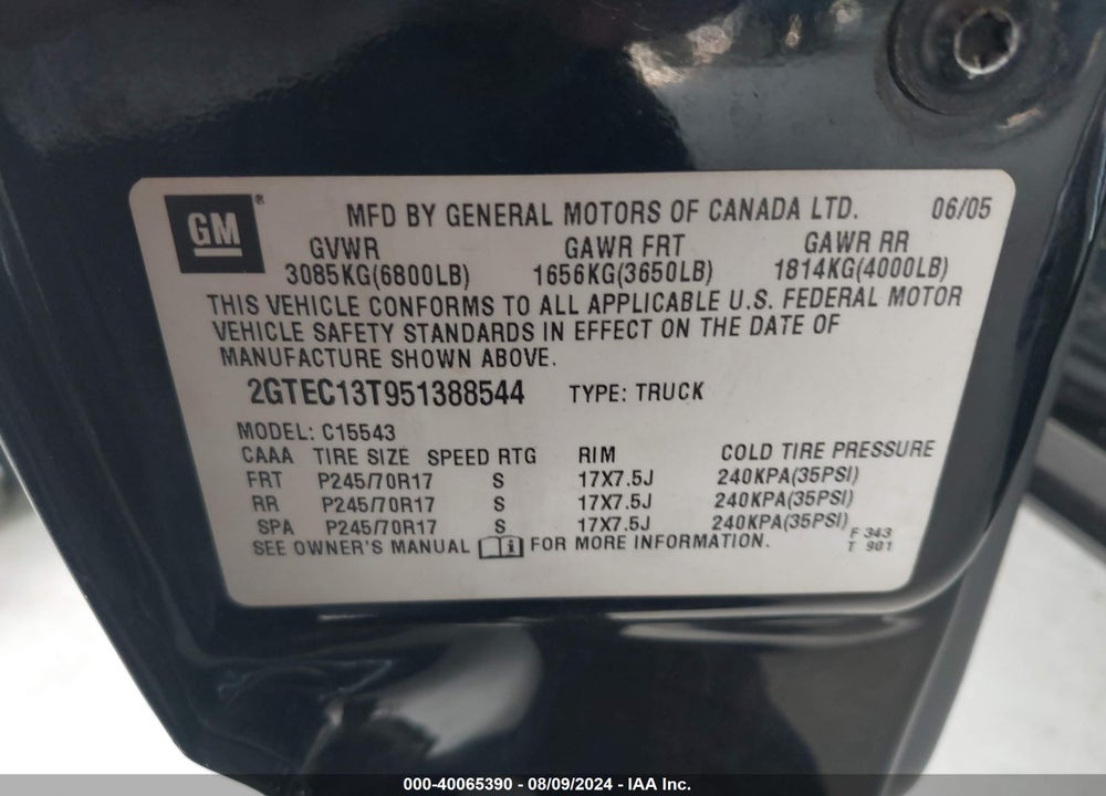 2005 GMC SIERRA 1500 SLE VIN: 2GTEC13T951388544
