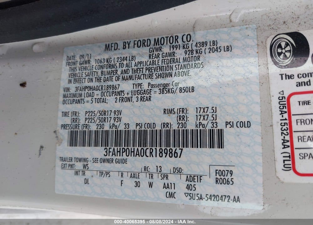 2012 FORD FUSION SE VIN: 3FAHP0HA0CR189867
