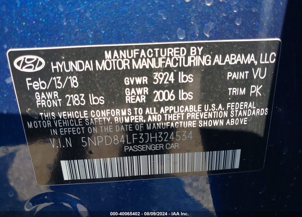 2018 HYUNDAI ELANTRA SEL VIN: 5NPD84LF3JH324534