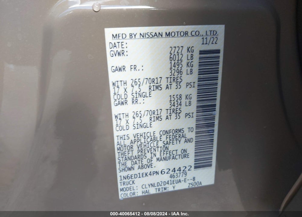 2023 NISSAN FRONTIER PRO-4X 4X4 VIN: 1N6ED1EK4PN624422