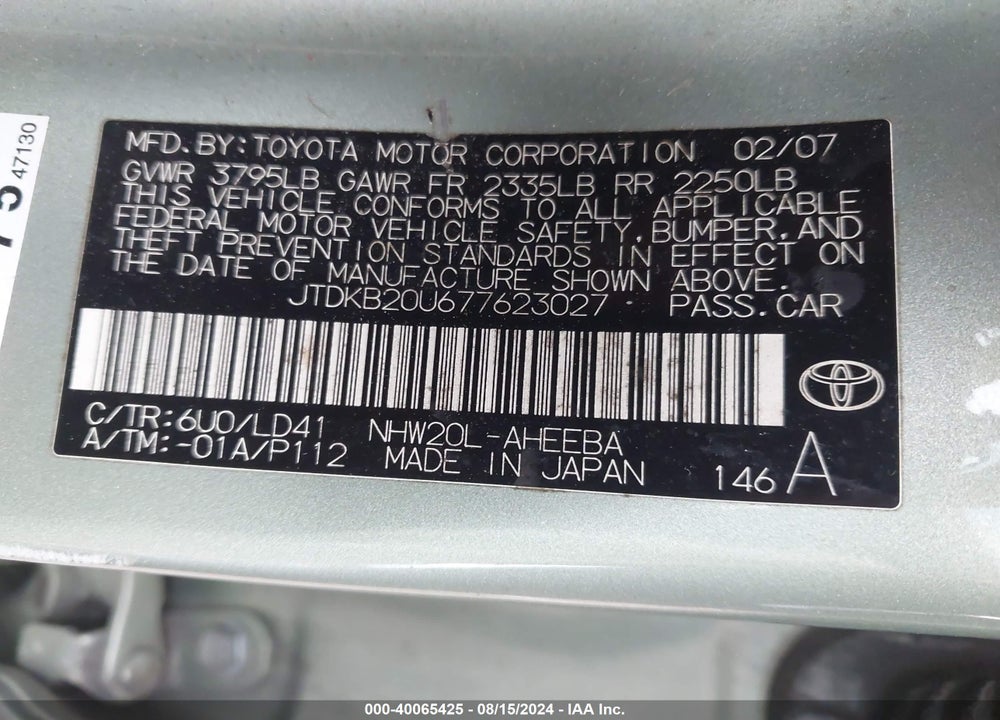 2007 TOYOTA PRIUS VIN: JTDKB20U677623027
