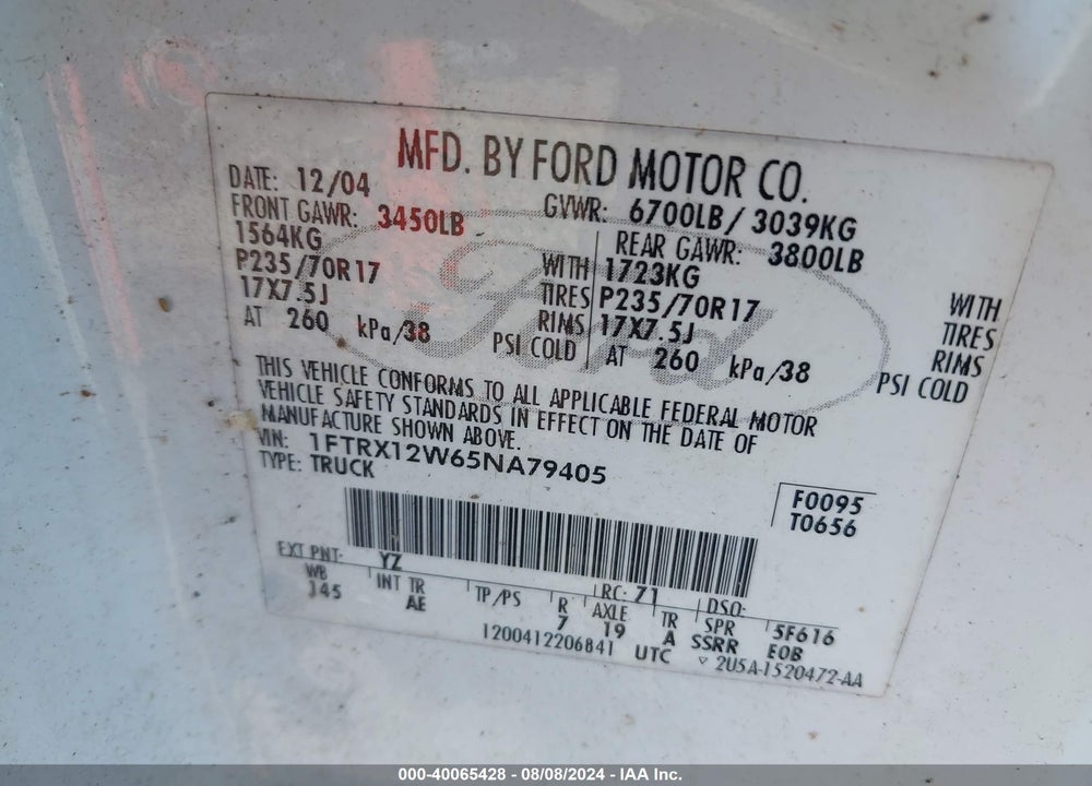 2005 FORD F-150 STX/XL/XLT VIN: 1FTRX12W65NA79405